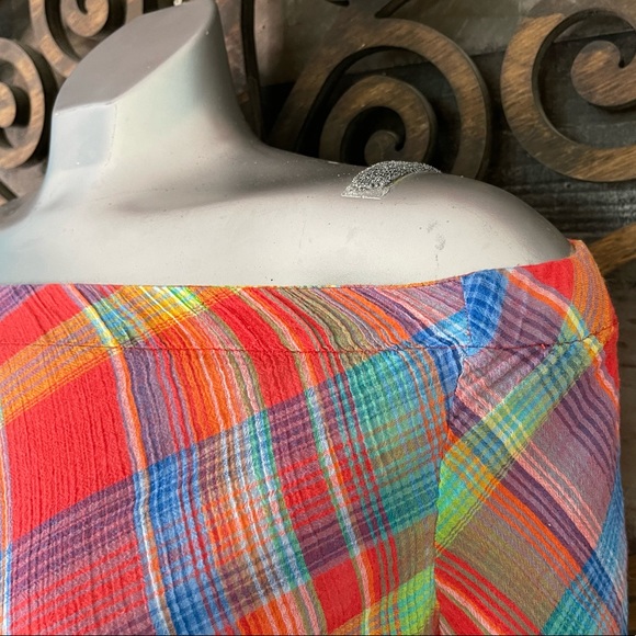 Ralph Lauren 90s y2k Plaid Off Shoulder Blouse Colorful Checkered Preppy - Picture 11 of 16